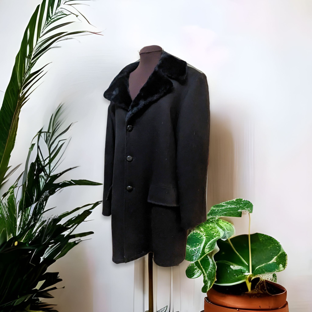 Vintage Men's Faux Fur Lined Pea Coat/1970s Black Wool Overcoat Size 40